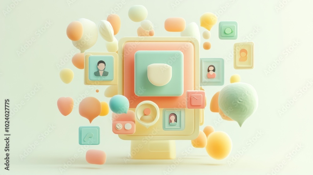 Abstract representation of digital interaction with user profiles and interactive elements.