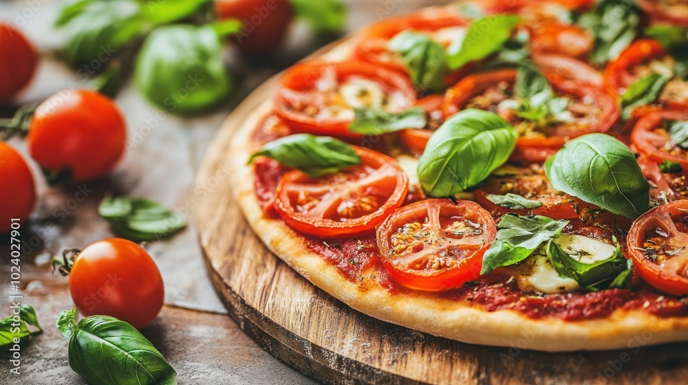 A delicious pizza topped with fresh tomatoes and basil on a wooden board. A delicious pizza topped with fresh tomatoes and basil on a wooden board.