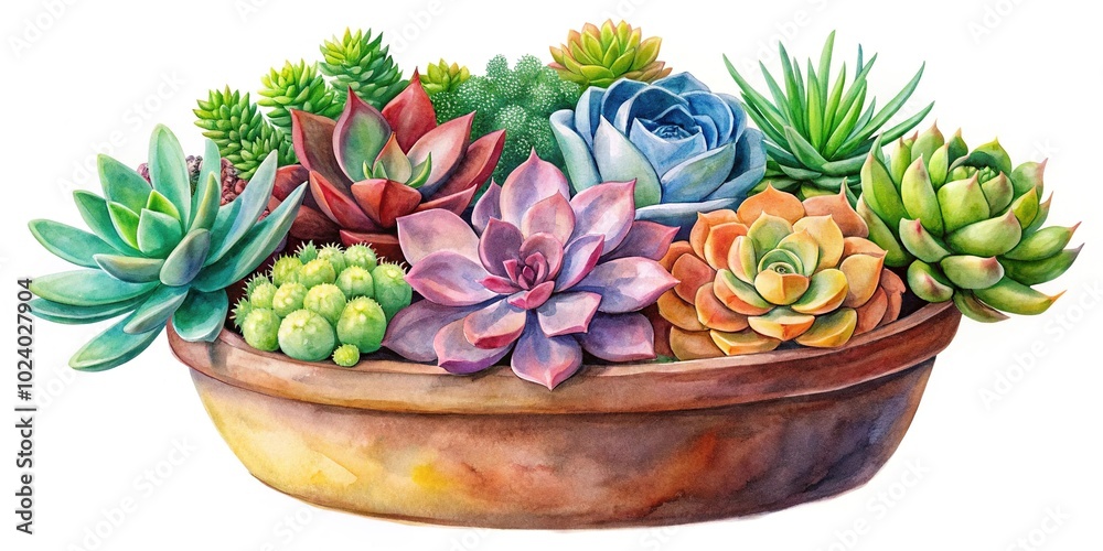 Fototapeta premium High angle watercolor painting of colorful fresh plants and succulents in flowerpot