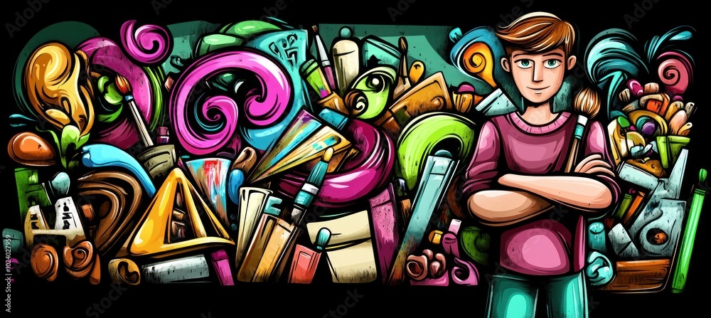 A colorful collage of art supplies with a person standing confidently in front. A colorful collage of art supplies with a person standing confidently in front.