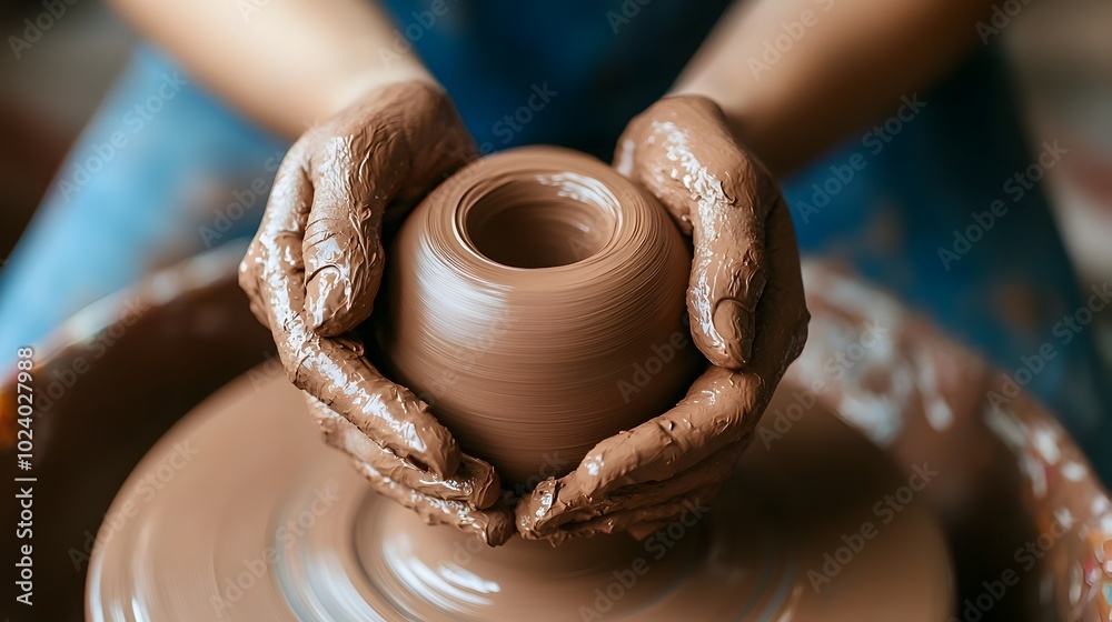 Close up view of a skilled artisan s hands meticulously sculpting and shaping clay on a spinning pottery wheel in a creative studio workspace Close up view of a skilled artisan s hands meticulously sculpting and shaping clay on a spinning pottery wheel in a creative studio workspace