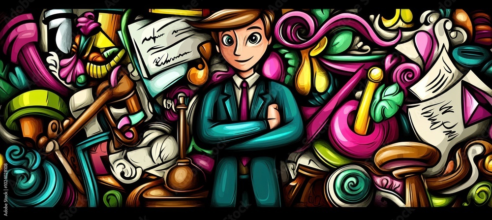 A colorful illustration featuring a confident individual among various legal and academic symbols.