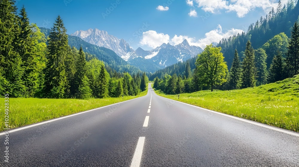 Fototapeta premium Breathtaking scenic road cutting through a verdant mountain forest landscape with towering peaks in the distance under a bright blue sky
