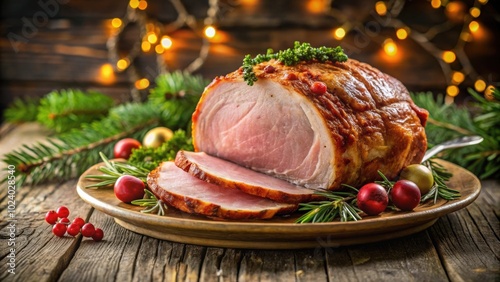 Christmas baked ham on old plate, festive, holiday, meal, dinner, tradition, cooking, delicious, homemade