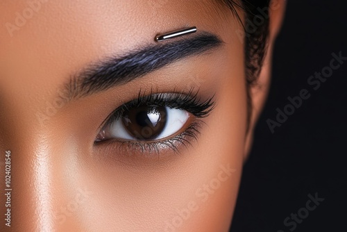 A person with a double eyebrow piercing, featuring sleek bars that emphasize a bold, stylish look photo