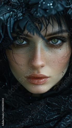 Close-up Portrait of a Woman with Green Eyes and Dark Hair