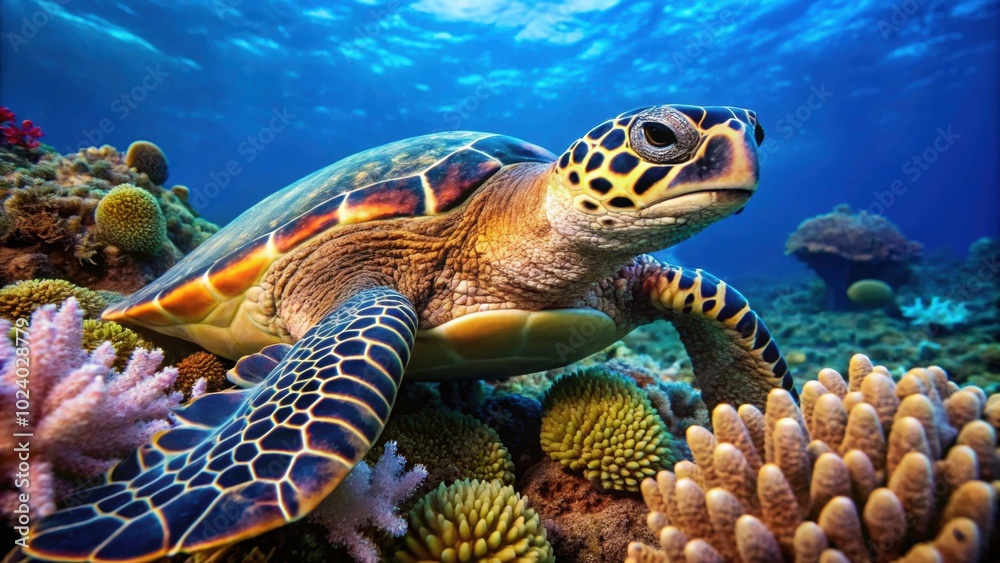 A close-up image of a Hawksbill Turtle resting on a coral reef , marine life, endangered species, sea turtle, underwater A close-up image of a Hawksbill Turtle resting on a coral reef , marine life, endangered species, sea turtle, underwater