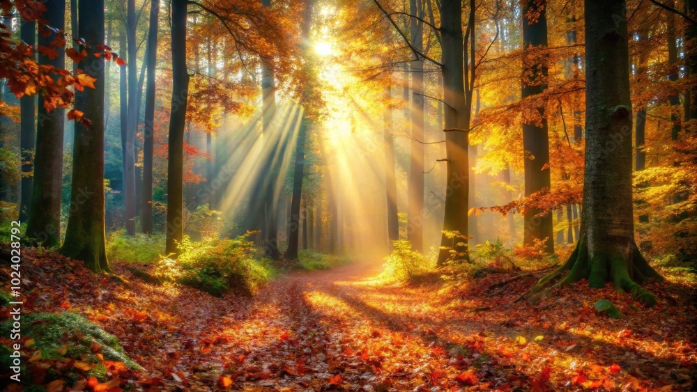 Fototapeta premium Magical forest scene with sunlight streaming through trees, illuminating autumn leaves on the forest floor , Magical, forest