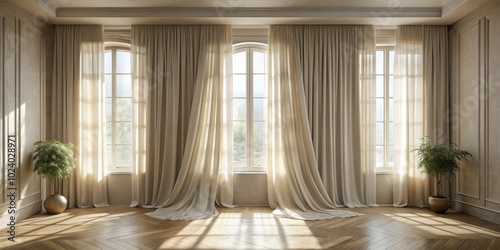 Minimalistic interior with billowing curtains and natural light casting shadows on linen-covered walls, interior, window