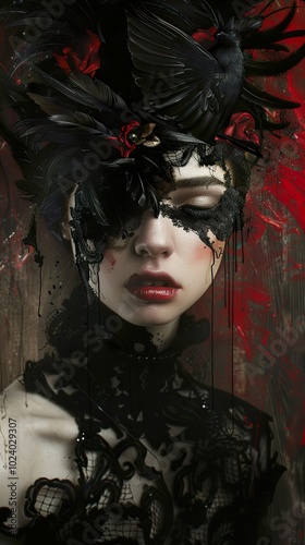 Mysterious Woman in Black Lace Mask with Crow Feathers