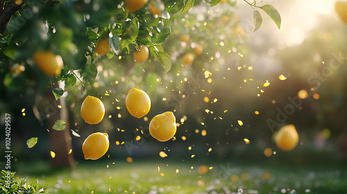 Beautiful yellow lemons falling mid-air with motion blur in a lush green garden with sunlight filtering through leaves
 photo