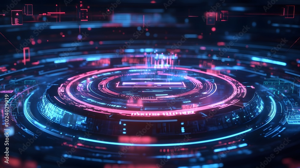 Fototapeta premium Horizontal abstract holograms with HUD interface. Blank cyberspace with futuristic elements. Circle elements Sci-fi podium for show product in cyberpunk style. 3D holograms HUD for UI, Web. Vector lab