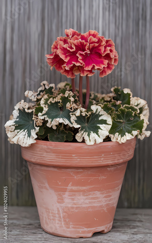 Beautiful red and white petaled flowers in a terracotta pot against a textured wooden background, enhancing garden aesthetics. photo