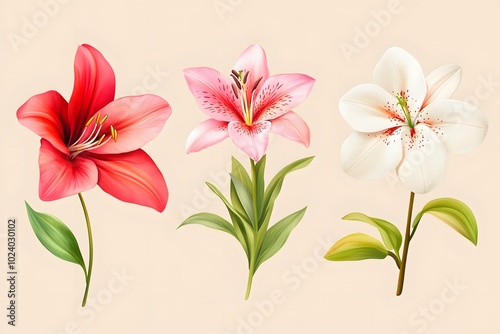 Three Blooming Lilies with Green Leaves on a Beige Background