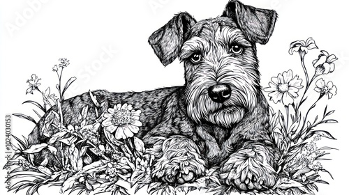 Wallpaper Mural A detailed illustration of a dog resting among flowers, showcasing intricate line work. Torontodigital.ca