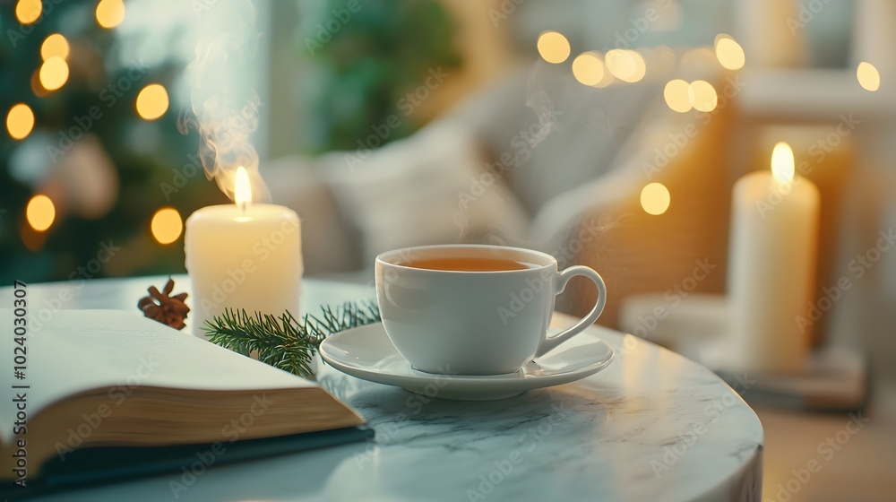 Cozy and inviting scene with a cup of tea open book and burning scented candles on a marble table Cozy and inviting scene with a cup of tea open book and burning scented candles on a marble table