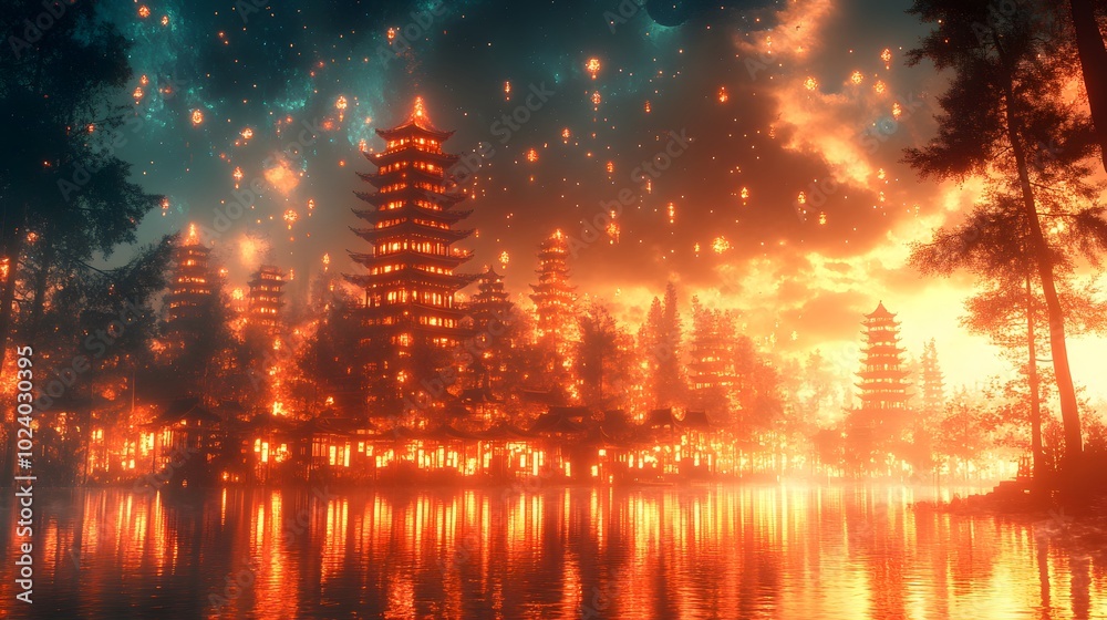 Watercolor Chinese lanterns illuminated by moonlight with golden stars for a festive New Year backdrop Watercolor Chinese lanterns illuminated by moonlight with golden stars for a festive New Year backdrop