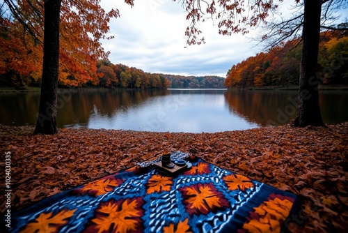 Autumn picnic scene with a blanket laid out among trees with leaves in rust orange, burgundy, and dark brown, bringing warmth to the chilly day photo