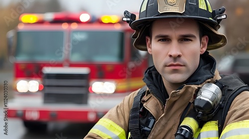 Portrait of a firefighter in full protective gear including helmet jacket and boots standing next to a red fire truck ready to respond to an emergency call