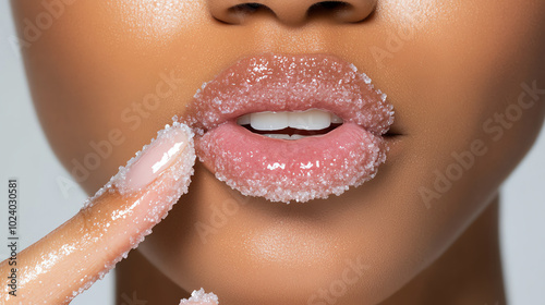 Glittery lips with sugar scrub, beauty close-up photo