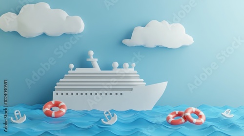 A paper-cut style illustration of a cruise ship on waves with lifebuoys and clouds.