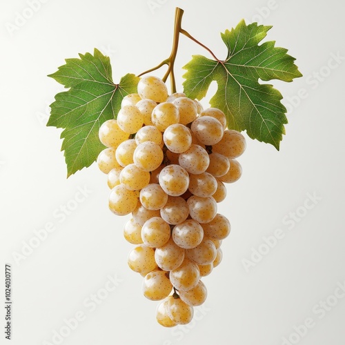 A bunch of yellow grapes with green leaves, showcasing fresh fruit.