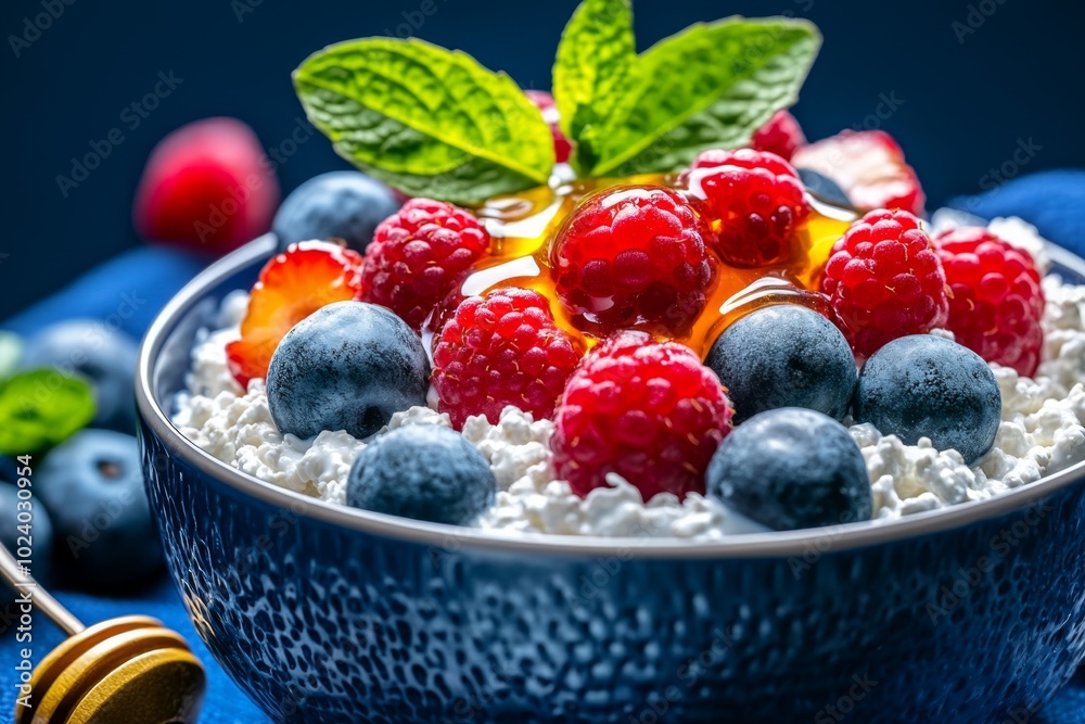 A post-gym scene with a bowl of cottage cheese topped with berries and honey, showcasing an easy, protein-rich snack A post-gym scene with a bowl of cottage cheese topped with berries and honey, showcasing an easy, protein-rich snack