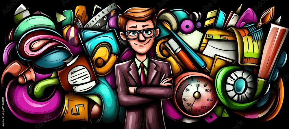 A stylized illustration of a man in a suit surrounded by colorful creative tools and elements. A stylized illustration of a man in a suit surrounded by colorful creative tools and elements.