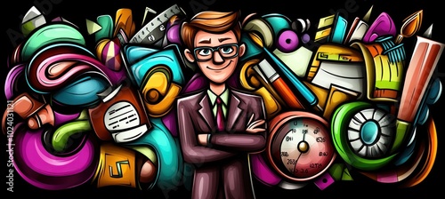A stylized illustration of a man in a suit surrounded by colorful creative tools and elements.