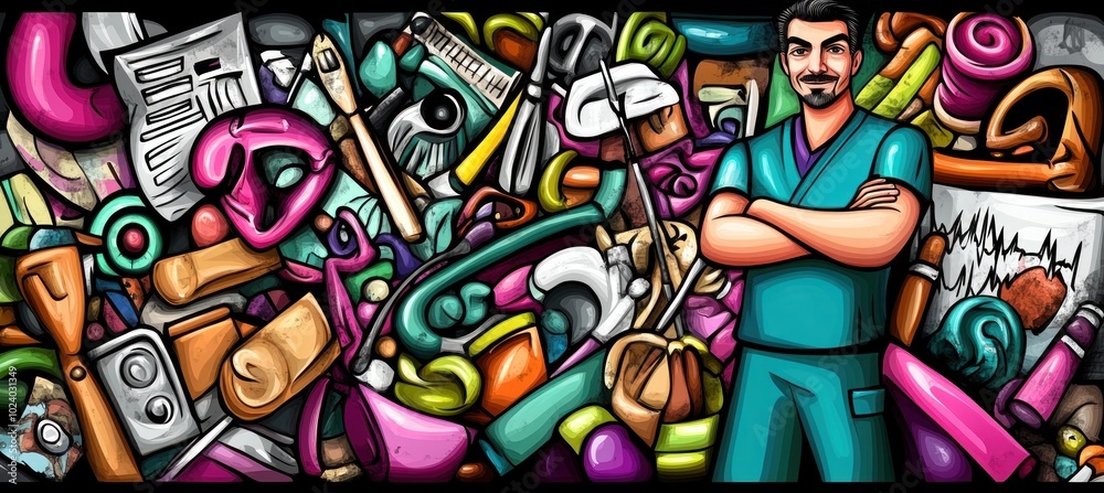 Fototapeta premium A colorful collage of various objects with a healthcare professional in the foreground.