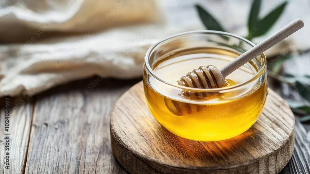 A bowl of honey with a honey dipper on a wooden surface, surrounded by natural elements. A bowl of honey with a honey dipper on a wooden surface, surrounded by natural elements.
