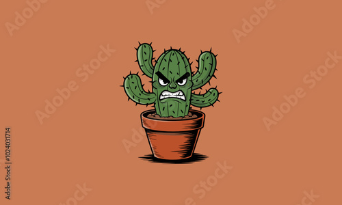 Angry cartoon cactus in a pot with a fierce expression