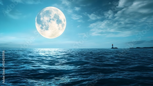 A full moon rising over a tranquil ocean with a picturesque lighthouse silhouetted in the distance creating a peaceful and idyllic coastal scene