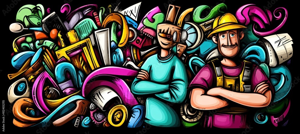 Obraz premium A colorful illustration featuring two characters amidst a chaotic mix of objects and shapes.