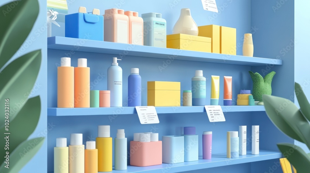A colorful display of various skincare and beauty products on shelves. A colorful display of various skincare and beauty products on shelves.