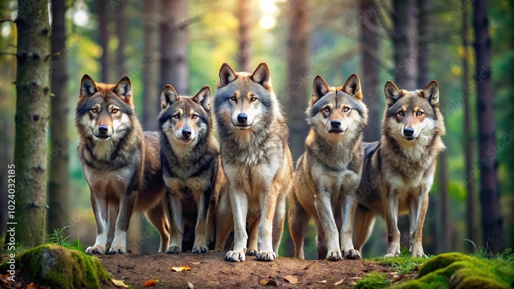 Obraz premium Highly detailed wolves in front of a forest with nature background, widescreen superwide wallpaper