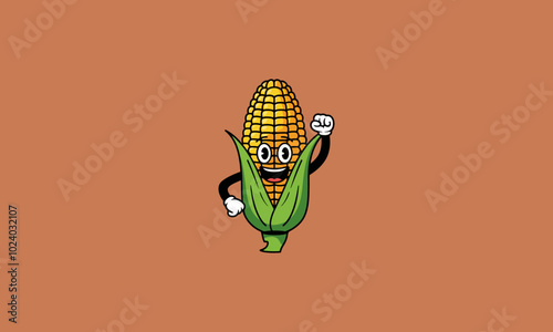 Cheerful cartoon corn with glasses and raised hand