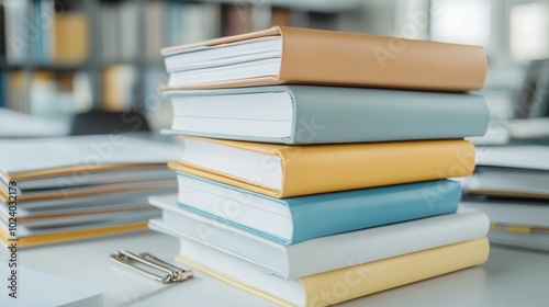 Stack of colorful books on a desk in a bright and organized workspace.