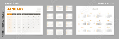 Set of 12 Pages Monthly Calendar Planner Templates and annual. Vector layout of a wall or desktop calendar with the week starting on Sunday ready for printing. Page size Letter -8.5x11