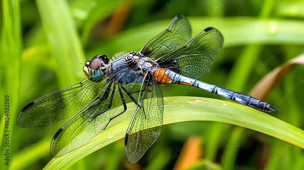 Captivating close up of a vibrant dragonfly resting delicately on a blade of grass by the serene and tranquil waters of a peaceful pond Captivating close up of a vibrant dragonfly resting delicately on a blade of grass by the serene and tranquil waters of a peaceful pond