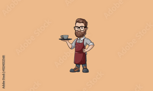 Barista with glasses and apron holding a coffee tray