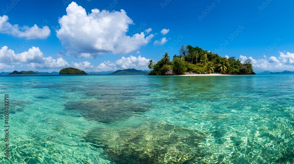 Fototapeta premium Stunning panoramic view of a breathtaking tropical island with crystal clear turquoise waters azure skies and a picturesque coastline