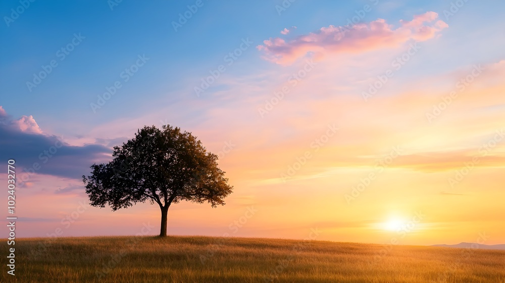 Fototapeta premium Stunning and Vibrant Sunset Silhouette of a Lone Tree Against the Dramatic Sky in a Serene Countryside Field Landscape