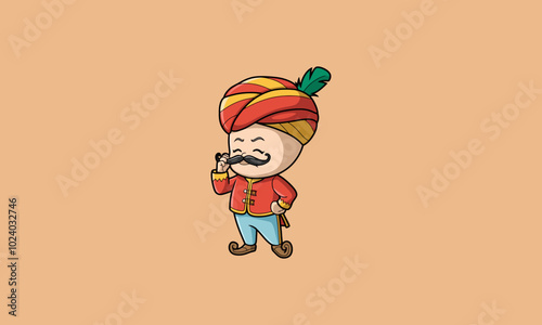 Cartoon character in traditional attire with a turban and mustache