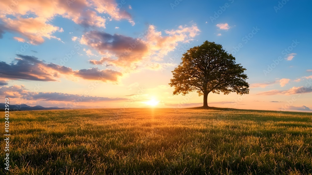 Breathtaking colorful sunset scene with the silhouette of a lone tree standing in a picturesque rural field landscape Serene and peaceful outdoor nature scenery with a dramatic sky and horizon Breathtaking colorful sunset scene with the silhouette of a lone tree standing in a picturesque rural field landscape Serene and peaceful outdoor nature scenery with a dramatic sky and horizon