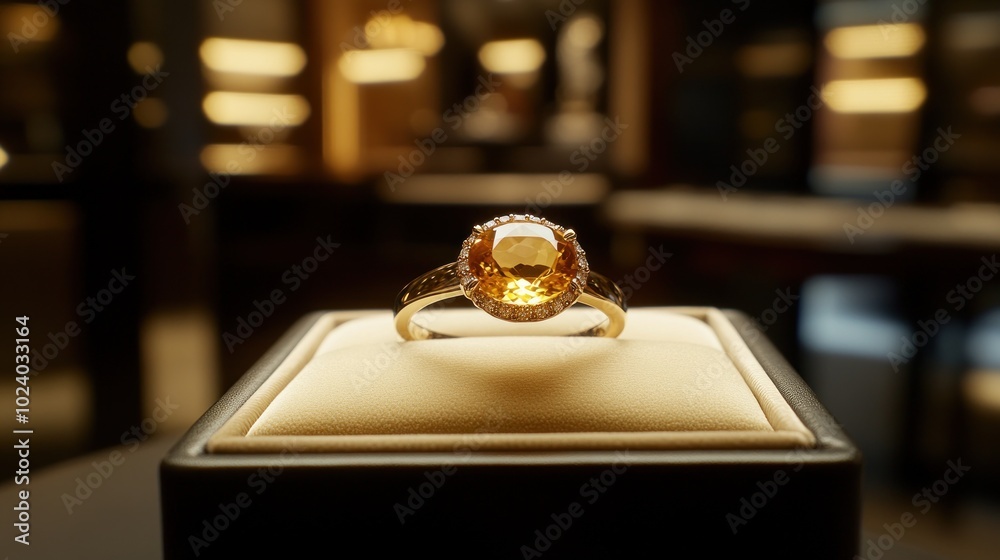 A golden ring featuring a large gemstone, displayed elegantly on a plush pedestal. A golden ring featuring a large gemstone, displayed elegantly on a plush pedestal.