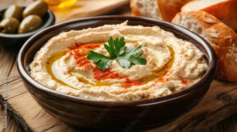A bowl of hummus garnished with olive oil and parsley, served with bread and olives. A bowl of hummus garnished with olive oil and parsley, served with bread and olives.
