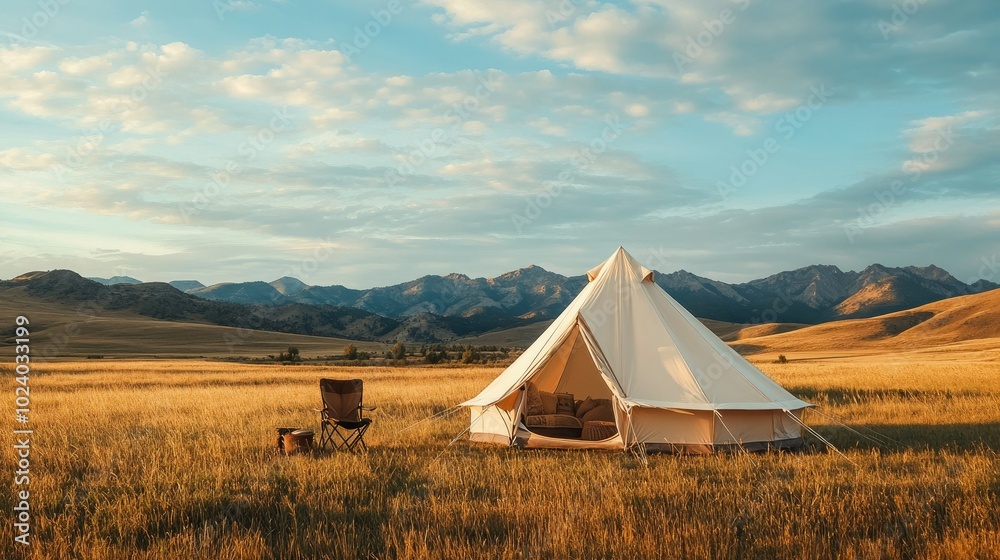Luxury canvas tent set in a vast green meadow, offering a serene escape with panoramic mountain views at sunset Luxury canvas tent set in a vast green meadow, offering a serene escape with panoramic mountain views at sunset