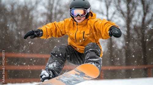 Young snowboarder in bright jacket performing tricks on snowy slope. photo