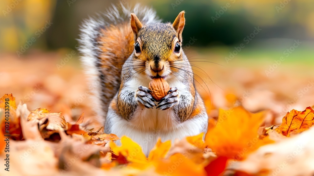 A close up shot of a squirrel holding a nut in its paws surrounded by fallen colorful autumn leaves on the forest floor A close up shot of a squirrel holding a nut in its paws surrounded by fallen colorful autumn leaves on the forest floor